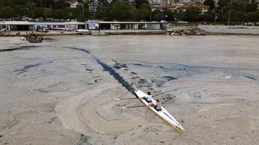 An aerial photo of the sea at the Caddebostan shore, in Asian side of Istanbul, Monday, June 7, 2021, with a huge mass of marine mucilage, a thick, slimy substance made up of compounds released by marine organisms, in Turkey's Marmara Sea. Turkey's President Recep Tayyip Erdogan promised Saturday to rescue the Marmara Sea from an outbreak of 