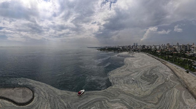 An aerial photo of the sea at the Caddebostan shore, in Asian side of Istanbul, Monday, June 7, 2021, with a huge mass of marine mucilage, a thick, slimy substance made up of compounds released by marine organisms, in Turkey's Marmara Sea. Turkey's President Recep Tayyip Erdogan promised Saturday to rescue the Marmara Sea from an outbreak of 