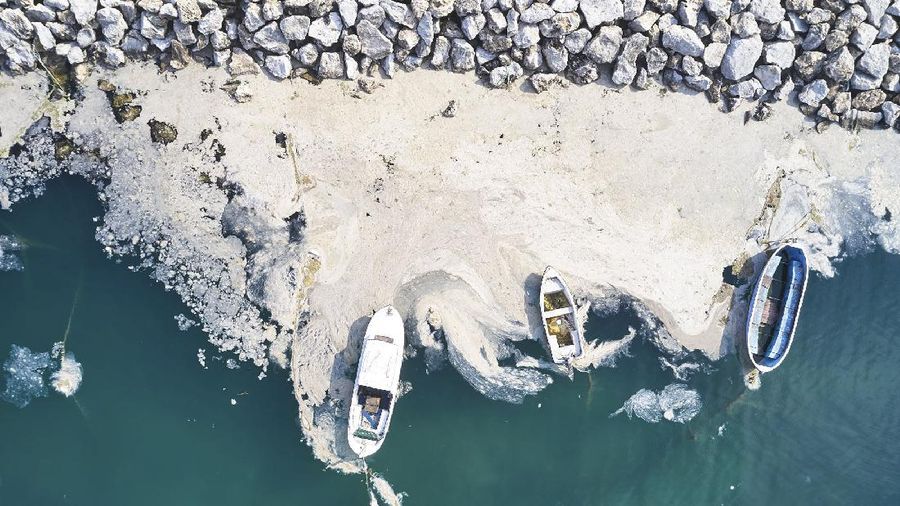 People ride a canoe by the Caddebostan shore, on the Asian side of Istanbul, Tuesday, June 8, 2021, surrounded by a huge mass of marine mucilage, a thick, slimy substance made up of compounds released by marine organisms, in Turkey's Marmara Sea. Turkey’s president has promised to rescue the Marmara Sea from an outbreak of “sea snot” that is alarming marine biologists and environmentalists. A huge mass of marine mucilage has bloomed in Turkey’s Marmara and the adjoining Black and Aegean Seas. Turkish President Recep Tayyip Erdogan said untreated waste dumped into the Marmara Sea and climate change had caused the bloom of the thick, slimy substance made up of compounds released by marine organisms, Istanbul, Turkey’s largest city, borders the sea. (AP Photo/Kemal Aslan)