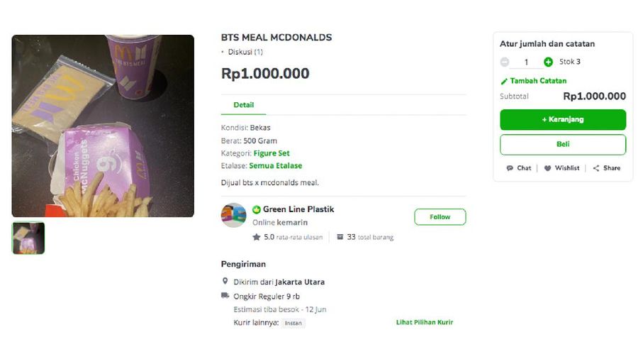 Penjual dengan nama akun Pi 828 menjual kembali kemasan BTS Mealnya dengan harga Rp. Rp 2.888.888 di Tokopedia, namun dalam judul produknya penjual menuliskan hasil penjualan untuk didonasikan. (Tokopedia/ Pi 828)