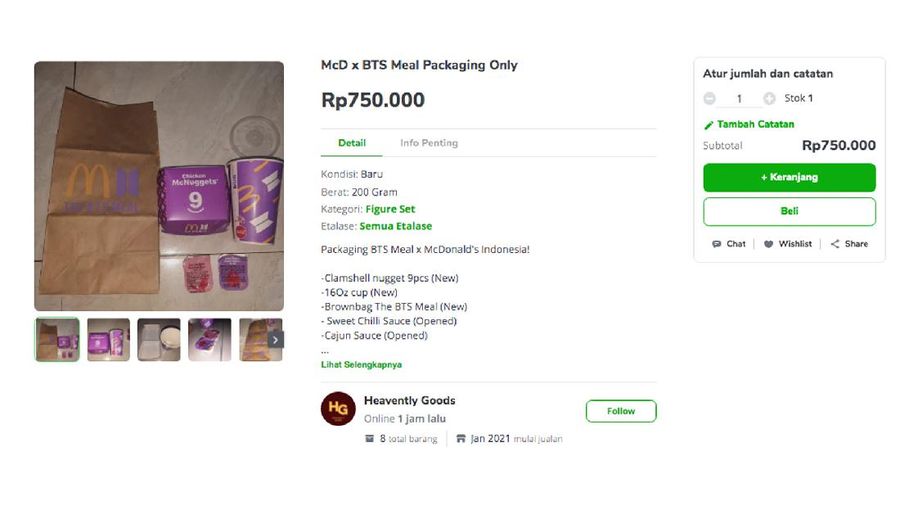 Penjual dengan nama akun Pi 828 menjual kembali kemasan BTS Mealnya dengan harga Rp. Rp 2.888.888 di Tokopedia, namun dalam judul produknya penjual menuliskan hasil penjualan untuk didonasikan. (Tokopedia/ Pi 828)