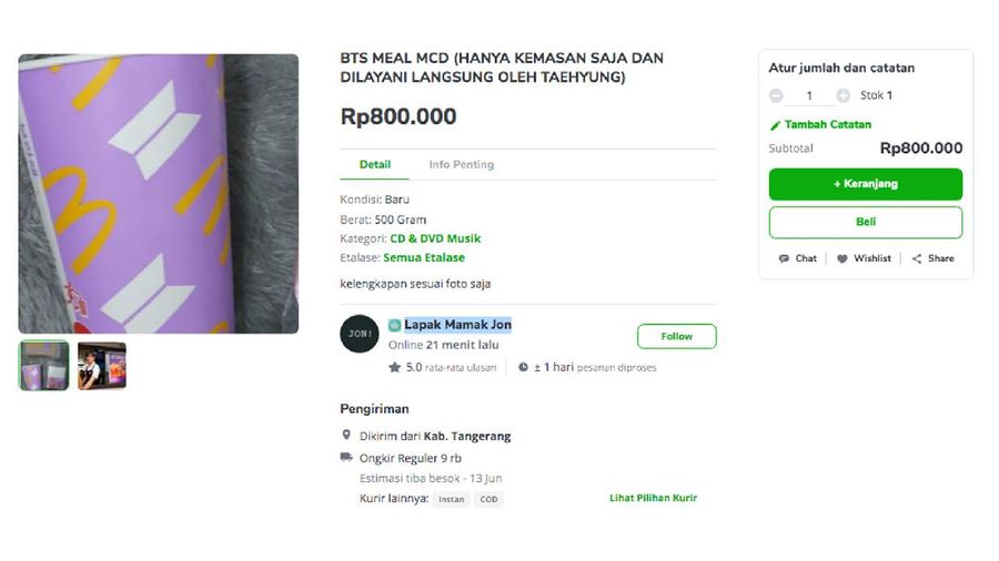 Penjual dengan nama akun Pi 828 menjual kembali kemasan BTS Mealnya dengan harga Rp. Rp 2.888.888 di Tokopedia, namun dalam judul produknya penjual menuliskan hasil penjualan untuk didonasikan. (Tokopedia/ Pi 828)