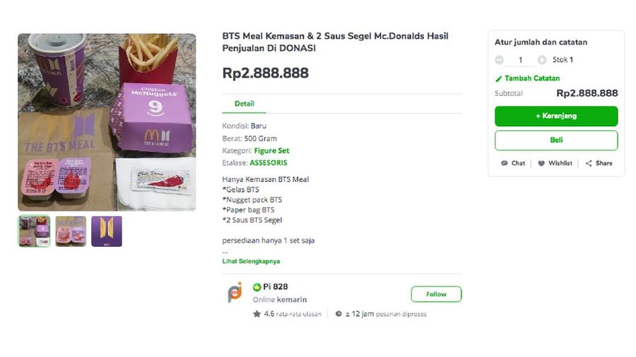 Penjual dengan nama akun Pi 828 menjual kembali kemasan BTS Mealnya dengan harga Rp. Rp 2.888.888 di Tokopedia, namun dalam judul produknya penjual menuliskan hasil penjualan untuk didonasikan. (Tokopedia/ Pi 828)