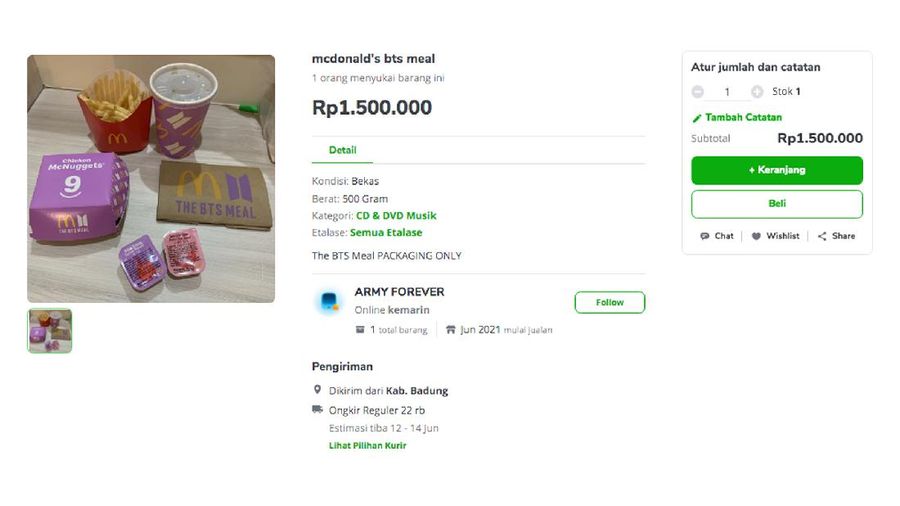 Penjual dengan nama akun Pi 828 menjual kembali kemasan BTS Mealnya dengan harga Rp. Rp 2.888.888 di Tokopedia, namun dalam judul produknya penjual menuliskan hasil penjualan untuk didonasikan. (Tokopedia/ Pi 828)