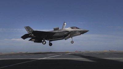 A pilot maneuvers an F-35 jet as military personnel participate in the NATO Steadfast Defender 2021 exercise on the aircraft carrier HMS Queen Elizabeth off the coast of Portugal, Thursday, May 27, 2021. As tensions with Russia simmer, thousands of NATO troops, several warships and dozens of aircraft are taking part in military exercises stretching across the Atlantic, through Europe and into the Black Sea region. The war-games, dubbed Steadfast Defender 2021, are aimed at simulating the 30-nation military organization's response to an attack on any one of its members. (AP Photo/Ana Brigida)