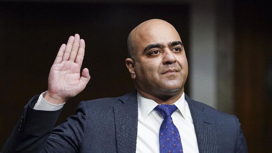 Zahid Quraishi, nominated by U.S. President Joe Biden to be a U.S. District Judge for the District of New Jersey, is sworn in during a Senate Judiciary Committee hearing on pending judicial nominations, Wednesday, April 28, 2021 on Capitol Hill in Washington.  (Kevin Lamarque/Pool via AP)