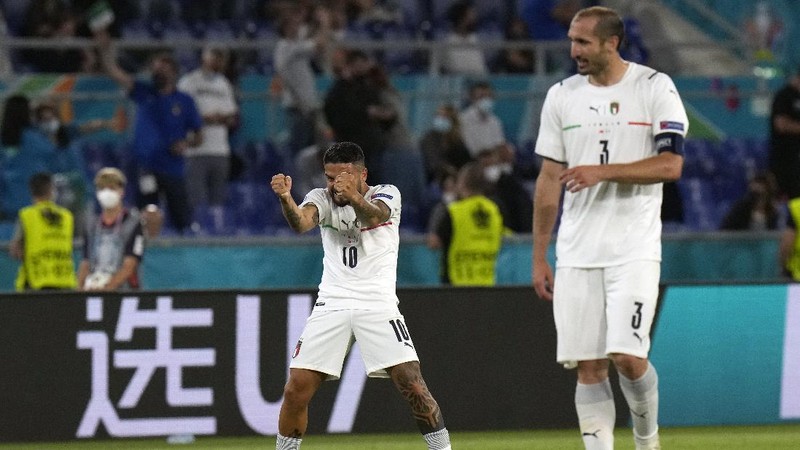 Italy's Ciro Immobile scores his side's second goal during the Euro 2020, soccer championship group A match between Italy and Turkey, at the Rome Olympic stadium, Friday, June 11, 2021. (Alfredo Falcone/LaPresse via AP)