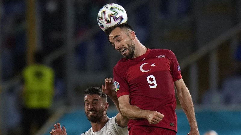 Italy's Ciro Immobile scores his side's second goal during the Euro 2020, soccer championship group A match between Italy and Turkey, at the Rome Olympic stadium, Friday, June 11, 2021. (Alfredo Falcone/LaPresse via AP)