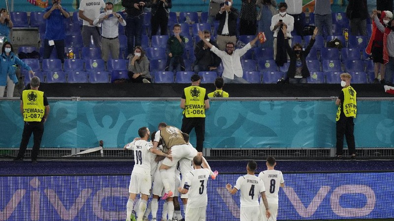 Italy's Ciro Immobile scores his side's second goal during the Euro 2020, soccer championship group A match between Italy and Turkey, at the Rome Olympic stadium, Friday, June 11, 2021. (Alfredo Falcone/LaPresse via AP)