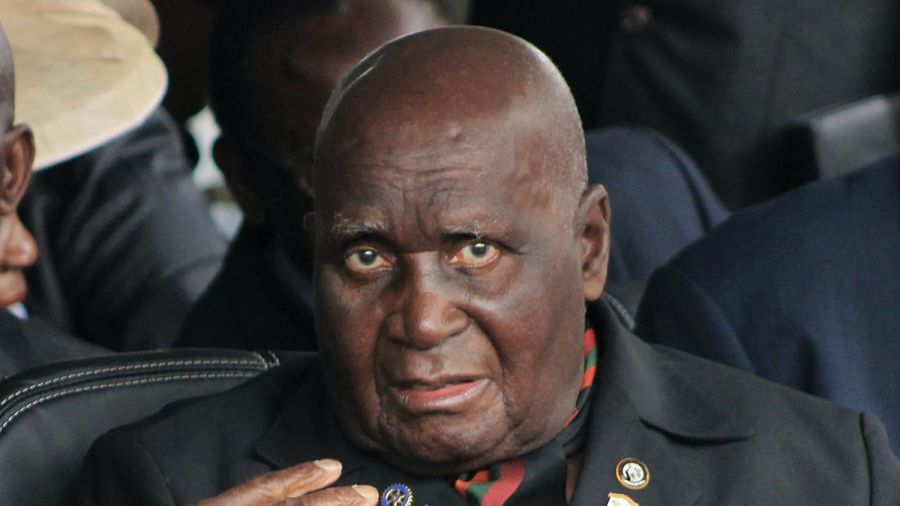 FILE - In this Jan. 25, 2015 file photo, former Zambian president, Kenneth Kaunda, attends the inauguration ceremony of the Patriotic Front's Edgar Lungu, in Lusaka. The country's first president, Kaunda, 97, has been admitted to hospital, his office announced Monday, June 14, 2021, as the southern African country battles a surge in COVID-19. (AP Photo/Moses Mwape, File)