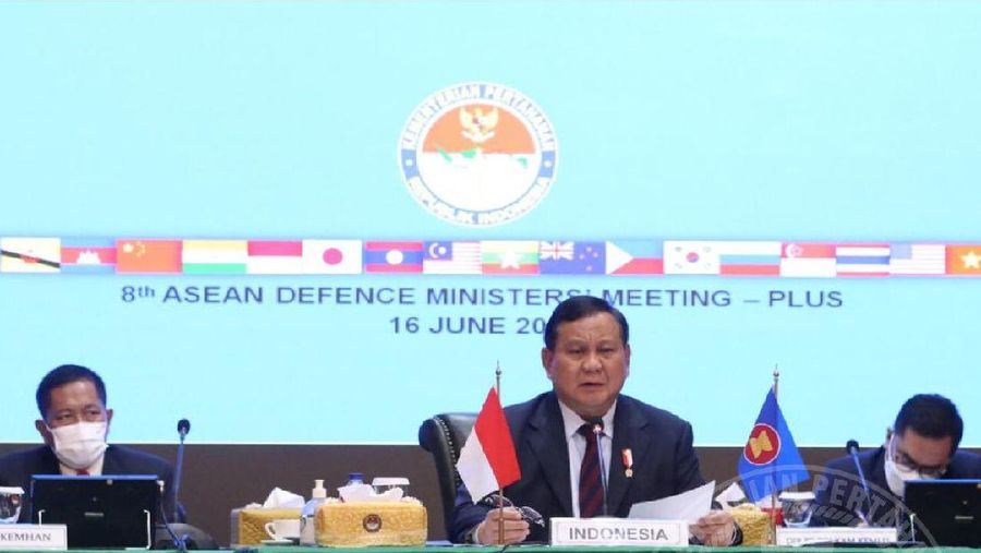 Prabowo Subianto saat menghadiri ADMM-Plus secara virtual, Rabu (16/6/2021).