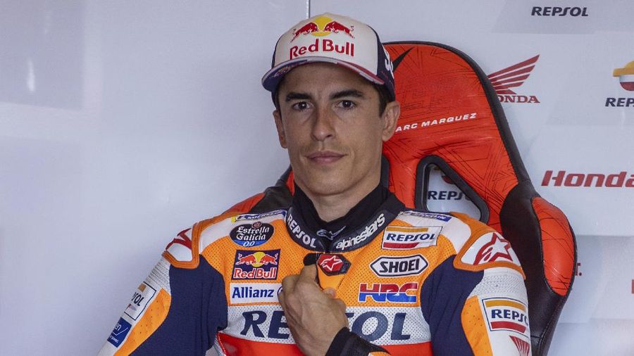 Spain's Marc Marquez of Repsol Honda Team, speeds at a free training session of the MotoGP in Hohenstein-Ernstthal, Germany, Friday, June 18, 2021. (Jan Woitas/dpa via AP)