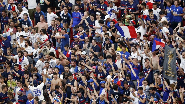 France fans cheer before the Euro 2020 soccer championship group F match between Portugal and France at the Ferenc Puskas stadium in Budapest, Hungary, Wednesday, June 23, 2021. (AP Photo/Laszlo Balogh, Pool)