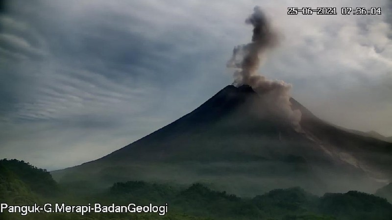 Terjadi 3 kali awanpanas guguran di #Merapi tanggal 25 Juni 2021 pukul 04.43 WIB tercatat di seismogram dengan amplitudo 75 mm dan durasi 61, 132, dan 245 detik. Jarak luncur maks 3 km ke arah tenggara. Teramati kolom asap setinggi ±1000 m di atas puncak.   (Tangkapan Layar Twitter @BPPTKG)