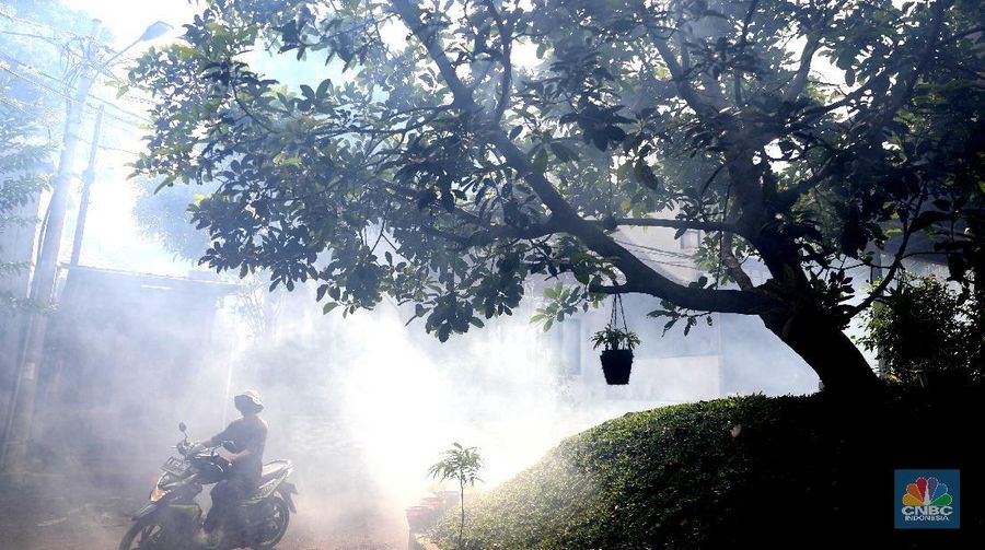 Petugas Puskesmas Jagakarsa menyemprot fogging di Perumahan RT 07/07 Kawasan, Jagakarsa, Jakarta Selatan, Jumat (25/6). (CNBC Indonesia/Muhammad Sabki)