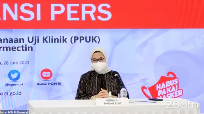 Kepala Badan Pengawas Obat dan Makanan (BPOM), Penny K. Lukito saat Konferensi Pers tentang Persetujuan Pelaksanaan Uji Klinik (PPUK) Ivermectin. (Tangkapan Layar Youtube Badan POM RI) Kepala Badan Pengawas Obat dan Makanan (BPOM), Penny K. Lukito saat Konferensi Pers tentang Persetujuan Pelaksanaan Uji Klinik (PPUK) Ivermectin. (Tangkapan Layar Youtube Badan POM RI)