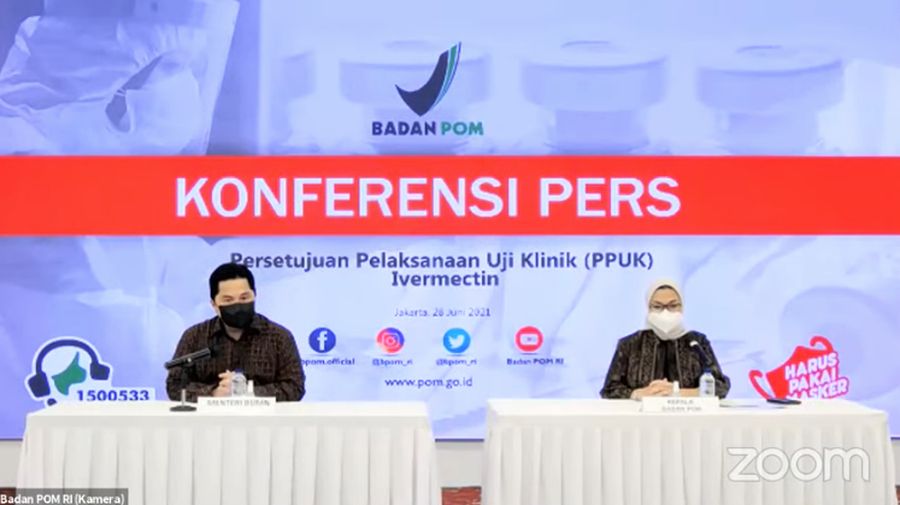Konferensi Pers tentang Persetujuan Pelaksanaan Uji Klinik (PPUK) Ivermectin. (Tangkapan Layar Youtube Badan POM RI)