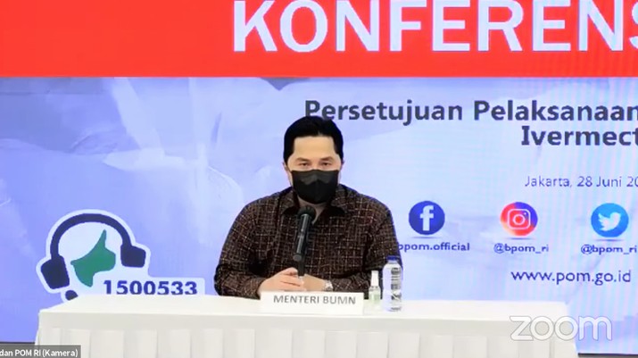Menteri BUMN, Erick Thohir saat Konferensi Pers tentang Persetujuan Pelaksanaan Uji Klinik (PPUK) Ivermectin. (Tangkapan Layar Youtube Badan POM RI) Menteri BUMN, Erick Thohir saat Konferensi Pers tentang Persetujuan Pelaksanaan Uji Klinik (PPUK) Ivermectin. (Tangkapan Layar Youtube Badan POM RI)