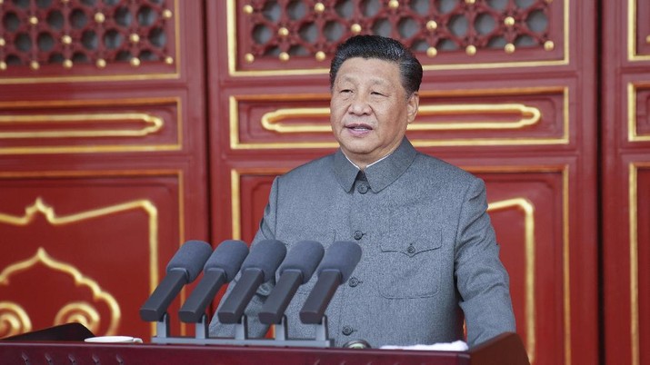 In this photo provided by China's Xinhua News Agency, Chinese President and party leader Xi Jinping delivers a speech at a ceremony marking the centenary of the ruling Communist Party in Beijing, China, Thursday, July 1, 2021. China’s Communist Party is marking the 100th anniversary of its founding with speeches and grand displays intended to showcase economic progress and social stability to justify its iron grip on political power that it shows no intention of relaxing. (Li Xueren/Xinhua via AP)