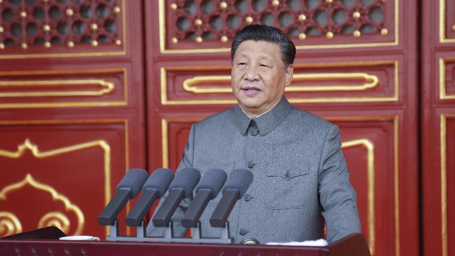 In this photo provided by China's Xinhua News Agency, Chinese President and party leader Xi Jinping delivers a speech at a ceremony marking the centenary of the ruling Communist Party in Beijing, China, Thursday, July 1, 2021. China’s Communist Party is marking the 100th anniversary of its founding with speeches and grand displays intended to showcase economic progress and social stability to justify its iron grip on political power that it shows no intention of relaxing. (Li Xueren/Xinhua via AP)
