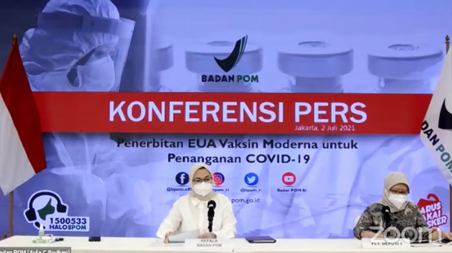Kepala Badan Pengawas Obat dan Makanan (BPOM, Penny Lukito saat Konferensi Pers Penerbitan EUA Vaksin Moderna untuk Penanganan COVID-19 (02/07). (Tangkapan Layar Youtube Badan POM RI)