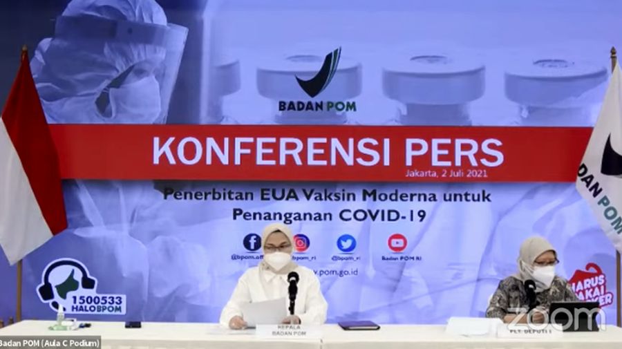 Kepala Badan Pengawas Obat dan Makanan (BPOM, Penny Lukito saat Konferensi Pers Penerbitan EUA Vaksin Moderna untuk Penanganan COVID-19 (02/07). (Tangkapan Layar Youtube Badan POM RI)