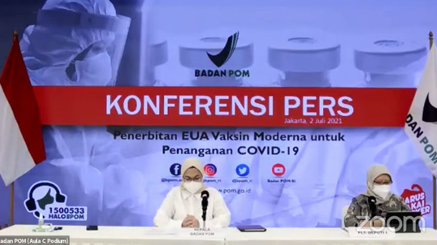 Kepala Badan Pengawas Obat dan Makanan (BPOM, Penny Lukito saat Konferensi Pers Penerbitan EUA Vaksin Moderna untuk Penanganan COVID-19 (02/07). (Tangkapan Layar Youtube Badan POM RI)