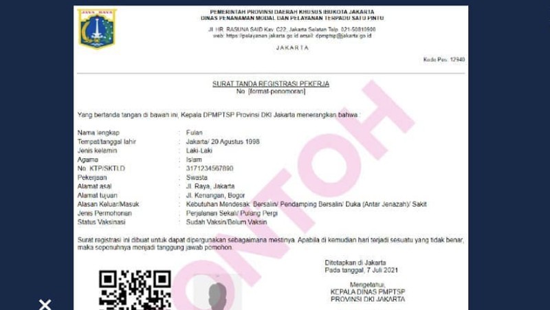 Pemprov DKI Jakarta memberlakukan Surat  Tanda Registrasi Pekerja (STRP) selama PPKM Darurat, 5-20 Juli 2021. (Dok: IG :dkijakarta)