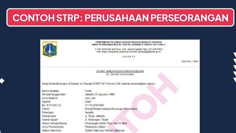 Pemprov DKI Jakarta memberlakukan Surat  Tanda Registrasi Pekerja (STRP) selama PPKM Darurat, 5-20 Juli 2021. (Dok: IG :dkijakarta)