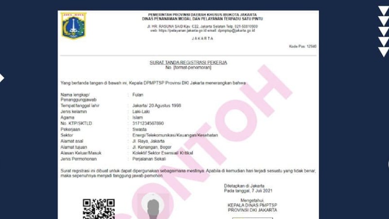 Pemprov DKI Jakarta memberlakukan Surat  Tanda Registrasi Pekerja (STRP) selama PPKM Darurat, 5-20 Juli 2021. (Dok: IG :dkijakarta)
