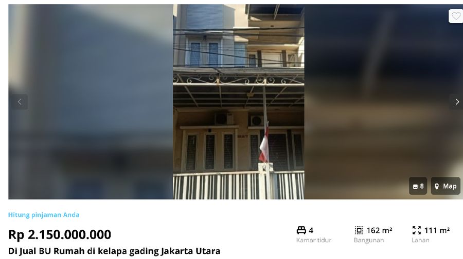 Rumah Dijual di Kawasan kelapa gading Jakarta Utara Rp 2.150.000.000 (Ist via Lamudi