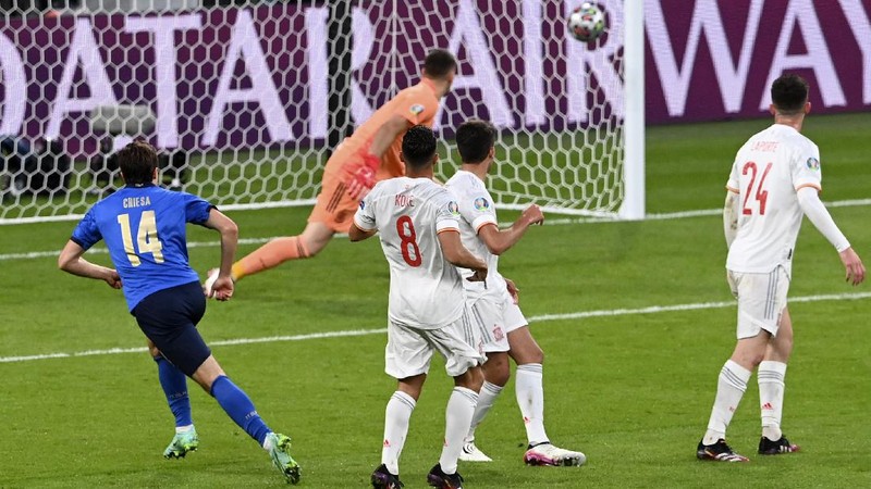 Italy's Federico Chiesa, right, scores the opening goal during the Euro 2020 soccer championship semifinal match between Italy and Spain at Wembley stadium in London, Tuesday, July 6, 2021. (Facundo Arrizabalaga/Pool Photo via AP)