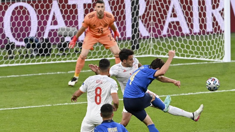 Italy's Federico Chiesa, right, scores the opening goal during the Euro 2020 soccer championship semifinal match between Italy and Spain at Wembley stadium in London, Tuesday, July 6, 2021. (Facundo Arrizabalaga/Pool Photo via AP)