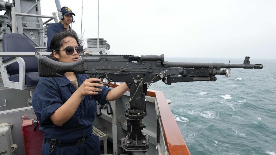 US Navy sailor of destroyer USS Ross Davonne Chestnut from Phoenix, Arizona, left, practices hand-to-hand combat during Sea Breeze 2021 maneuvers,  in the Black Sea, Wednesday, July 7, 2021. Ukraine and NATO have conducted Black Sea drills involving dozens of warships in a show of strong defense ties amid the heightened tensions in the wake of last month's incident with a British destroyer off Crimea. (AP Photo/Efrem Lukatsky)