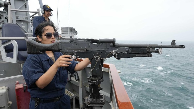 US Navy sailor of destroyer USS Ross Davonne Chestnut from Phoenix, Arizona, left, practices hand-to-hand combat during Sea Breeze 2021 maneuvers,  in the Black Sea, Wednesday, July 7, 2021. Ukraine and NATO have conducted Black Sea drills involving dozens of warships in a show of strong defense ties amid the heightened tensions in the wake of last month's incident with a British destroyer off Crimea. (AP Photo/Efrem Lukatsky)