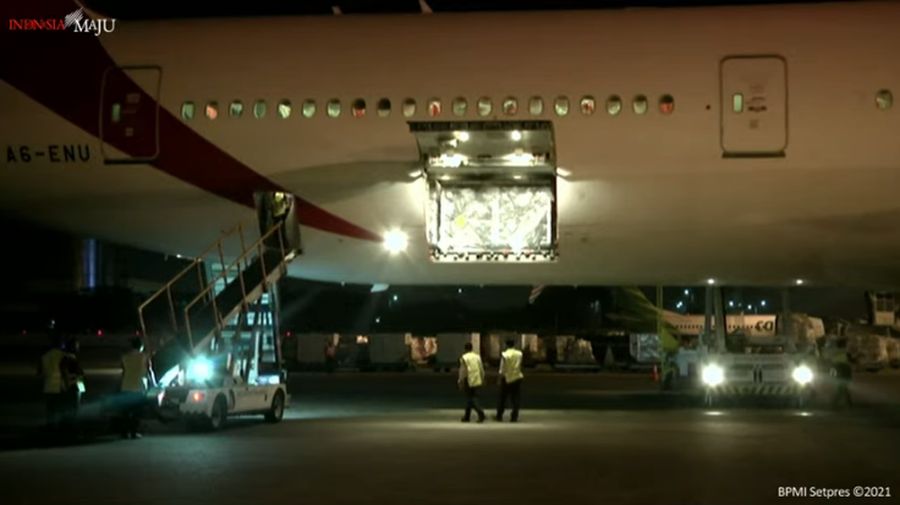 Kedatangan Vaksin Covid-19 Tahap 23, Bandara Internasional Soekarno-Hatta, 13 juli 2021. (Tangkapan Layar Sekretariat Presiden)