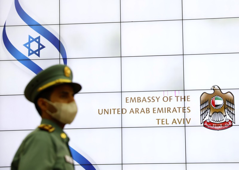 Israel UAE A United Arab Emirates guard stands during the opening ceremony for the new UAE embassy, in Tel Aviv, Israel, Wednesday, July 14, 2021. The UAE formally opened its embassy less than a year after the two countries announced they would establish open relations. (AP Photo/Ariel Schalit)