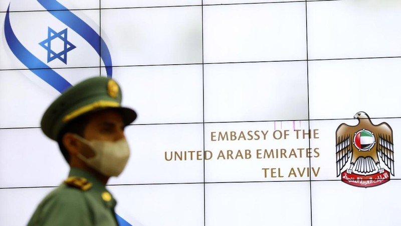A United Arab Emirates guard stands during the opening ceremony for the new UAE embassy, in Tel Aviv, Israel, Wednesday, July 14, 2021. The UAE formally opened its embassy less than a year after the two countries announced they would establish open relations. (AP Photo/Ariel Schalit)