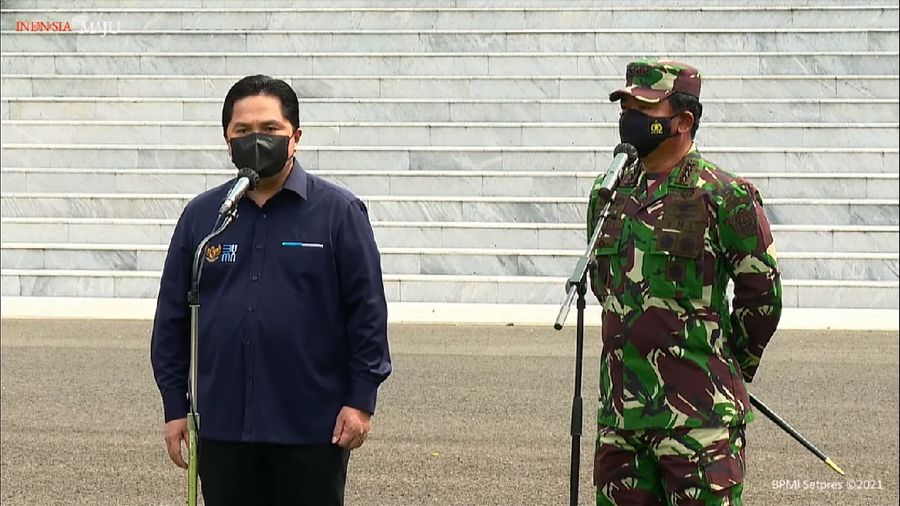 Menteri BUMN Erick Thohir dan Panglima TNI Marsekal Hadi Tjahjanto (tangkapan layar Youtube Setpres)