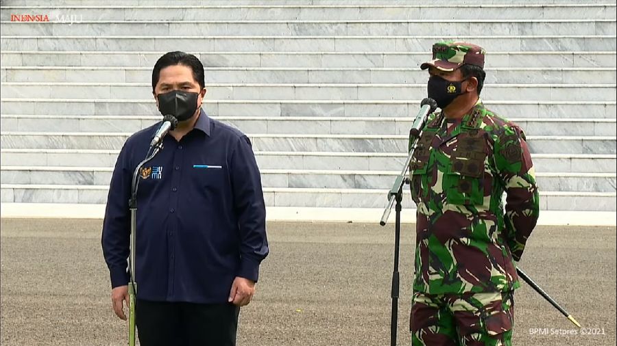 Menteri BUMN Erick Thohir dan Panglima TNI Marsekal Hadi Tjahjanto (tangkapan layar Youtube Setpres)