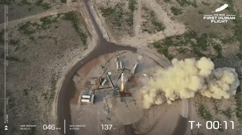 This photo provided by Blue Origin, Blue Origin's New Shepard rocket sits on a spaceport launch pad near Van Horn, Texas, Tuesday, July 20, 2021. The rocket that is scheduled to launch later this morning will carry passengers Jeff Bezos, founder of Amazon and space tourism company Blue Origin, his brother Mark Bezos, Oliver Daemen and Wally Funk. (Blue Origin via AP)