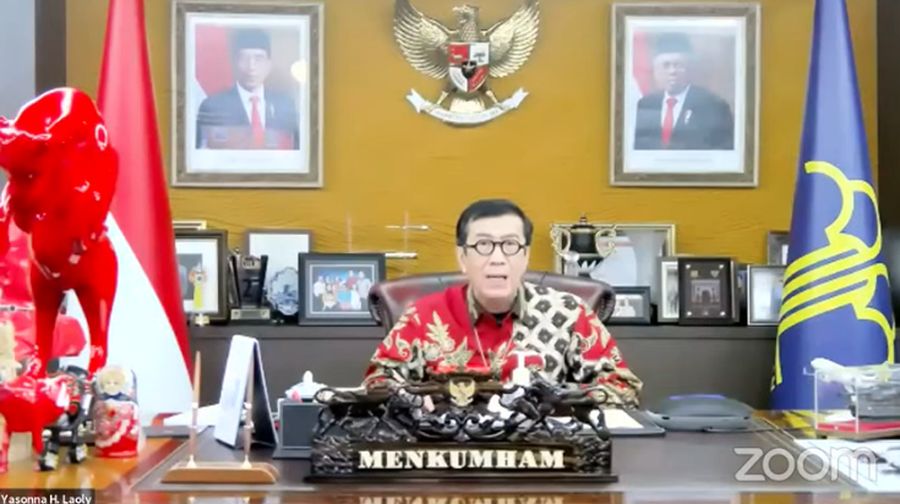 Menteri Hukum dan Hak Asasi Manusia (Menkumham) Yasonna Laoly Saat Konferensi Pers Tindak Lanjut terkait Perkembangan Terkini Penerapan PPKM. (Tangkapan Layar Youtube PerekonomianRI)