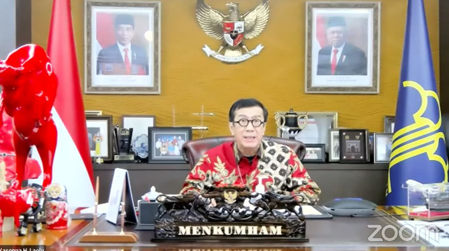 Menteri Hukum dan Hak Asasi Manusia (Menkumham) Yasonna Laoly Saat Konferensi Pers Tindak Lanjut terkait Perkembangan Terkini Penerapan PPKM. (Tangkapan Layar Youtube PerekonomianRI)