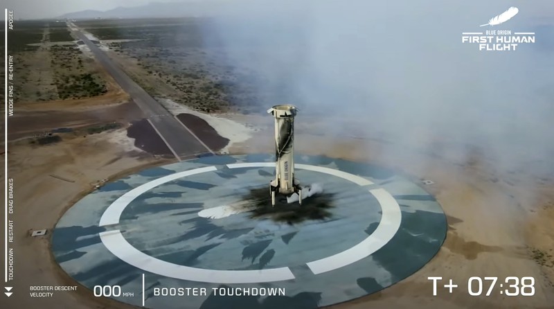 This photo provided by Blue Origin, Blue Origin's New Shepard rocket sits on a spaceport launch pad near Van Horn, Texas, Tuesday, July 20, 2021. The rocket that is scheduled to launch later this morning will carry passengers Jeff Bezos, founder of Amazon and space tourism company Blue Origin, his brother Mark Bezos, Oliver Daemen and Wally Funk. (Blue Origin via AP)