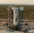 This photo provided by Blue Origin, Blue Origin's New Shepard rocket sits on a spaceport launch pad near Van Horn, Texas, Tuesday, July 20, 2021. The rocket that is scheduled to launch later this morning will carry passengers Jeff Bezos, founder of A