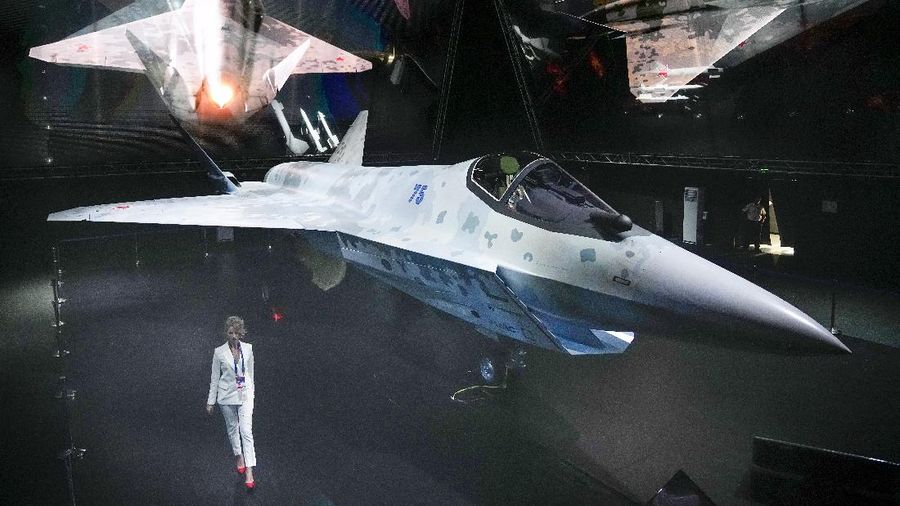 A prototype of Russia's prospective fighter jet is displayed at the MAKS-2021 International Aviation and Space Salon in Zhukovsky outside Zhukovsky, Russia, Tuesday, July 20, 2021. Russia has presented a prototype of a new fighter jet that features stealth capabilities and other advanced characteristics and will be offered to foreign customers. Russian President Vladimir Putin inspected the new warplane displayed at the MAKS-2021 International Aviation and Space Salon. (AP Photo/Alexander Zemlianichenko, Pool)