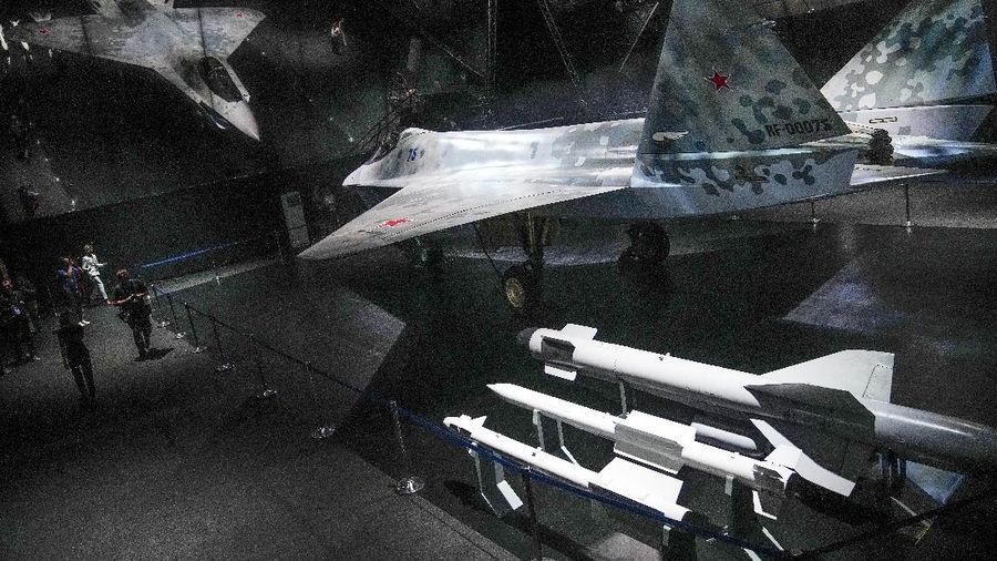 A prototype of Russia's prospective fighter jet is displayed at the MAKS-2021 International Aviation and Space Salon in Zhukovsky outside Zhukovsky, Russia, Tuesday, July 20, 2021. Russia has presented a prototype of a new fighter jet that features stealth capabilities and other advanced characteristics and will be offered to foreign customers. Russian President Vladimir Putin inspected the new warplane displayed at the MAKS-2021 International Aviation and Space Salon. (AP Photo/Alexander Zemlianichenko, Pool)