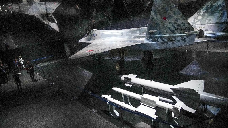 A prototype of Russia's prospective fighter jet is displayed at the MAKS-2021 International Aviation and Space Salon in Zhukovsky outside Zhukovsky, Russia, Tuesday, July 20, 2021. Russia has presented a prototype of a new fighter jet that features stealth capabilities and other advanced characteristics and will be offered to foreign customers. Russian President Vladimir Putin inspected the new warplane displayed at the MAKS-2021 International Aviation and Space Salon. (AP Photo/Alexander Zemlianichenko, Pool)