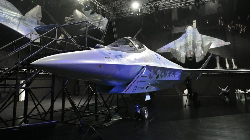 A prototype of Russia's prospective fighter jet is displayed at the MAKS-2021 International Aviation and Space Salon in Zhukovsky outside Zhukovsky, Russia, Tuesday, July 20, 2021. Russia has presented a prototype of a new fighter jet that features stealth capabilities and other advanced characteristics and will be offered to foreign customers. Russian President Vladimir Putin inspected the new warplane displayed at the MAKS-2021 International Aviation and Space Salon. (AP Photo/Alexander Zemlianichenko, Pool)
