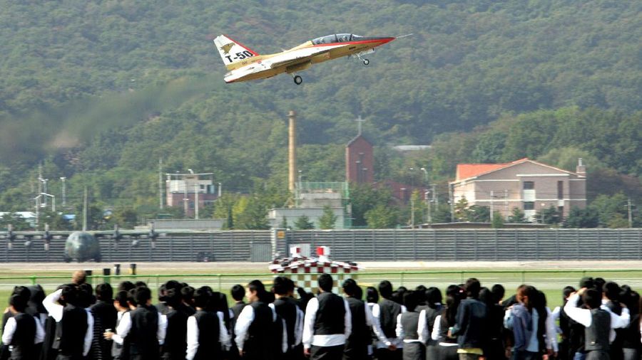 South Korea's first supersonic trainer jet, T-50, performs during Air Power Day at the U.S. airbase in Osan, south of Seoul, South Korea, Sunday, Oct. 12, 2008. The Air Power Day is not only a demonstration of U.S. Air Power, but also the U.S. partnership with the South Korea Air Force. The event was part of an annual ceremony to open the U.S. airbase to South Korean people. (AP Photo/ Lee Jin-man)